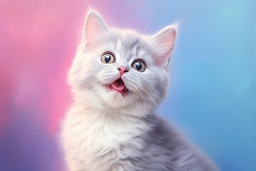 Wall Mural - Portrait of a smiling munchkin cat isolated on pastel or soft colors background