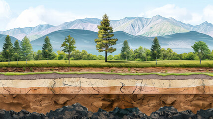 Wall Mural - Illustration showing soil layers and roots beneath a landscape with trees and mountain background.
