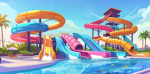 Swimming pool with water slide in summer aqua park modern background. Waterpark for swimming and amusement with inflatable activity on playground. Outdoor aquatic vacation with screw pipeline.