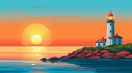 Wall Mural - Illustration of sea beacon building on rocky island shore with sun going down on horizon, reflection of dawn sky on tranquil water surface, seascape with old lighthouse against sunset background.
