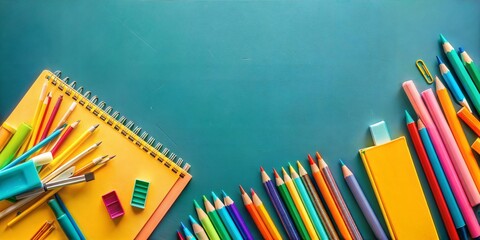 Wall Mural - Array of school supplies arranged neatly on a vivid teal background with copy space, symbolizing preparation for educational activities