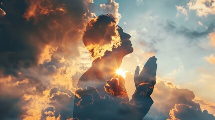 Wall Mural - Double exposure of man praying with folded palms on sky background, abstract