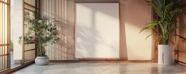 Wall Mural - Minimalist Japanese Interior with Blank Canvas and Plants, frame mockup, 3d render, 3d illustrations.