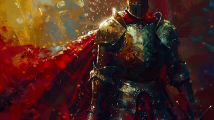 A knight in full armor stands in a red cape