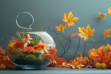 A beautiful fishbowl with vibrant fish and colorful fall leaves, capturing the essence of autumn with its bright and warm colors.
