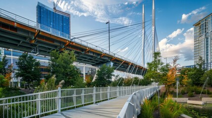 Wall Mural - Large construction project featuring a modern suspension bridge, showcasing sleek architectural design in an urban setting, emphasizing advanced engineering and robust materials. --ar 16:9 