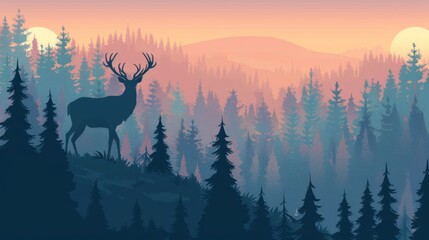 Wall Mural - A deer is standing in a forest with a sunset in the background