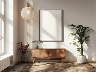 Wall Mural - Minimalist Living Room Interior Design with Wooden Cabinet, Empty Frame and Sunlight, frame mockup, 3d render, 3d illustrations.