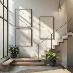 Wall Mural - Modern Interior Design with Wooden Staircase and Plants, frame mockup, 3d render, 3d illustrations.