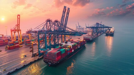 Major port facility construction, featuring shipping docks and container cranes, showcasing expansive industrial design in a coastal setting, emphasizing logistics and maritime trade. 