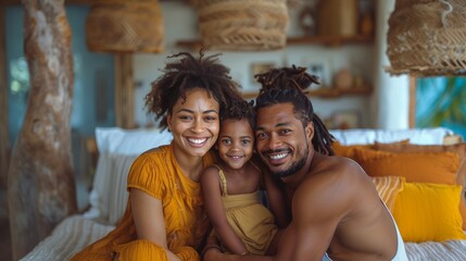 Wall Mural - Happy Young Family Smiling And Embracing In Cozy Home Setting