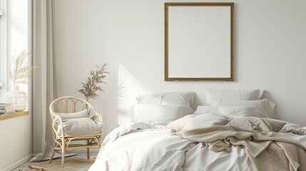 Wall Mural - Minimalist Bedroom Interior with White Bedding and a Blank Canvas, frame mockup, 3d render, 3d illustrations.