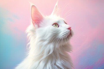 Wall Mural - Portrait of a happy turkish angora cat over pastel or soft colors background