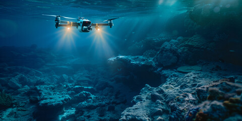 a drone with lights shining down underwater, exploring the ocean floor. underwater photography using