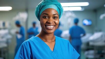 A female nurse, wearing a blue surgical gown, looks straight at the camera, smiles gently