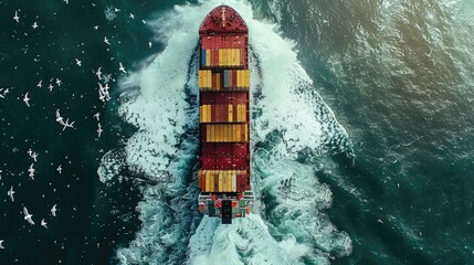 Wall Mural - Drone view of a container cargo ship anchored at sea, with waves breaking against its hull and seagulls flying overhead