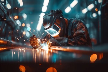 Worker in uniform and protective masks  welds the structure on the construction, AI generated