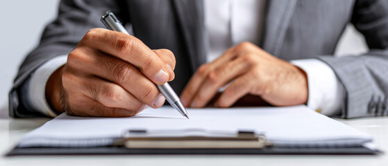 Close-up of business person's hands writing on paper with pen, emphasizing professional work, administration, and documentation.