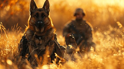 Military person and German Shepherd dog in a field, realistic, warm hues, detailed background, loyal and protective 8K , high-resolution, ultra HD,up32K HD