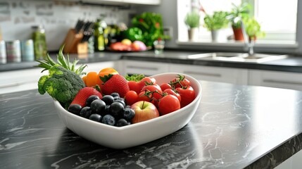 Healthy snack concept with a heart-shaped dish full of fresh fruits and vegetables, set on a kitchen countertop