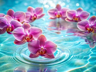 Wall Mural - Pink orchids floating in clear water, spa relaxation concept, orchids, pink, flowers, water, spa, relaxation, beauty, serene, floral, Zen, tranquility, calm, peaceful, therapy, petals