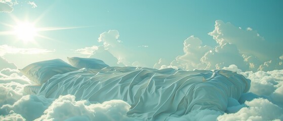 Canvas Print - a soft bed with white sheets and pillows floating above the fluffy clouds