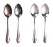 © Peter Hermes Furian - Tarnished and cleaned sterling silver spoons, isolated from above. On the left side two coffee spoons with dark layers of corrosion, and on the right side the same spoons after cleaning and polishing.