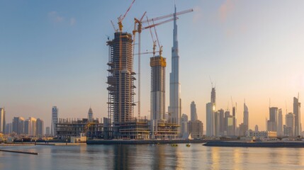 Wall Mural - The rising Dubai Creek Tower, with cranes and construction activity, set against the modern skyline of Dubai, emphasizing its ambitious height