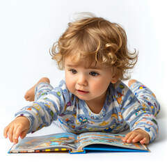 Wall Mural - A photo of a child with a look of pure joy, engrossed in a storybook with vibrant illustrations against a clean white background