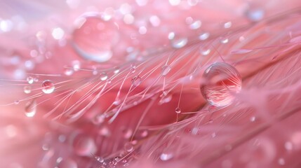 Wall Mural - Light airy natural background in pink tones with drop of water on feather