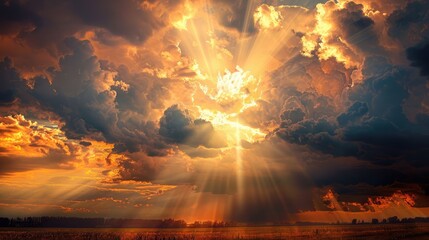 Sticker - Spectacular God rays emerging from behind dark storm clouds, illuminating a vast countryside with a golden glow