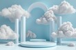 © Maxim Borbut - A blue rendering of a podium amidst a minimal cloud scene showing a minimal product display backdrop. A podium, pedestal, layout, template for presenting a modern exhibition in 3D.