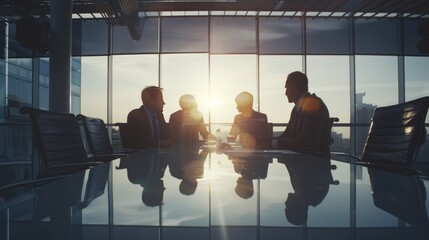 Professionals huddled around a table, engaged in a discussion