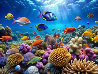 Wall Mural - Tropical sea underwater scene with colorful fishes on coral reef , marine life, oceanarium, snorkeling, diving, wildlife, underwater, coral reef, tropical, fish, aquarium, panorama, landscape