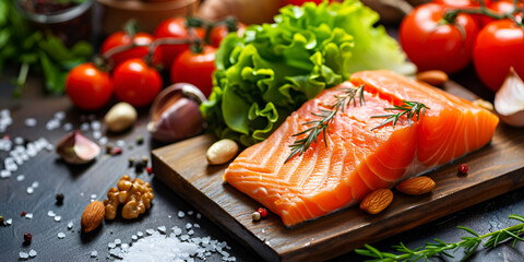piece of salmon on a wooden cutting board, surrounded by fresh vegetables