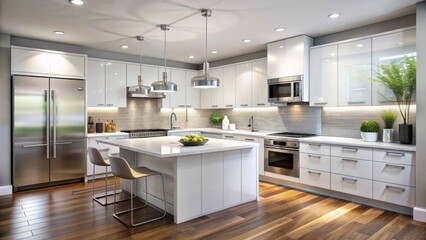Modern white built-in kitchen with sleek design and stainless steel appliances, modern, white, built-in, kitchen, sleek, design, stainless steel, appliances, elegant, contemporary