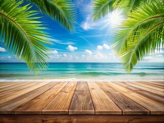 Wall Mural - Wooden table with sea view, palm leaves, calm sea, and sky at tropical beach background perfect for showcasing products in a summer vacation setting , tropical, beach, sea view, palm leaves