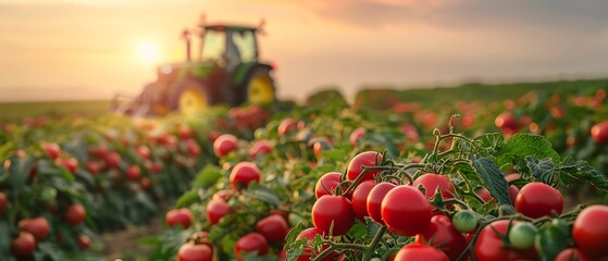 tractor in tomato field at sunrise, vibrant red tomatoes, agricultural scene