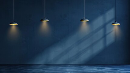 Wall Mural - Hanging lamps light with floor in the dark blue background 