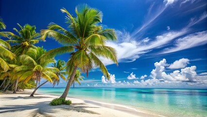 Wall Mural - Tropical paradise with palm trees, sandy beach, clear blue skies, and turquoise waters, beach, tropical, palm trees, paradise, sunny, summer, vacation, travel, blue sky, turquoise water