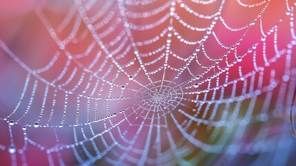 A close-up of a dew-covered spider web, with droplets sparkling with the essence of neutrons and electrons, illustrating the natural web of life and atomic structure. shiny, Minimal and Simple,