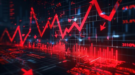 Wall Mural - A digital illustration of a stock market crash with red arrows and declining charts