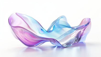 An abstract background in a nature landscape with transparent glossy glass ribbons on water and holographic curved waves in motion. Purple gradient design element for banners or wallpaper.