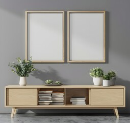 Modern interior design, a sideboard with books and succulents on top, two blank poster frames hanging above the cabinet against a gray wall background in a 3D rendering illustration closeup shot