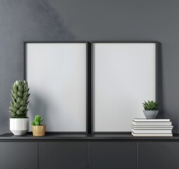 Modern interior design, two blank poster frames on cabinet with books and succulents nearby, grey wall background, minimalistic style, 3D rendering illustration in the style of minimalism