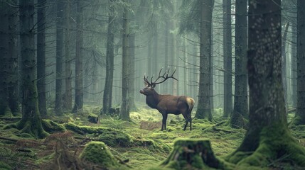 Wall Mural - wilderness landscape forest with pine trees reindeer and moss. nature background. wildlife