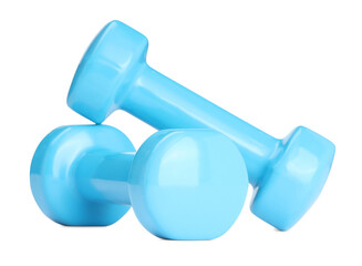 Light blue dumbbells isolated on white. Sports equipment