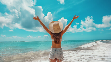 Happy woman with arms up enjoy freedom at the beach. Wellness, success, freedom and travel concept
