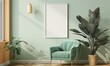 © Maxim Borbut - The modern cozy mock-up and decoration furniture for the living room with an empty canvas frame on a white wall texture background.