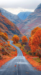 A road with trees on both sides and a mountain in the background